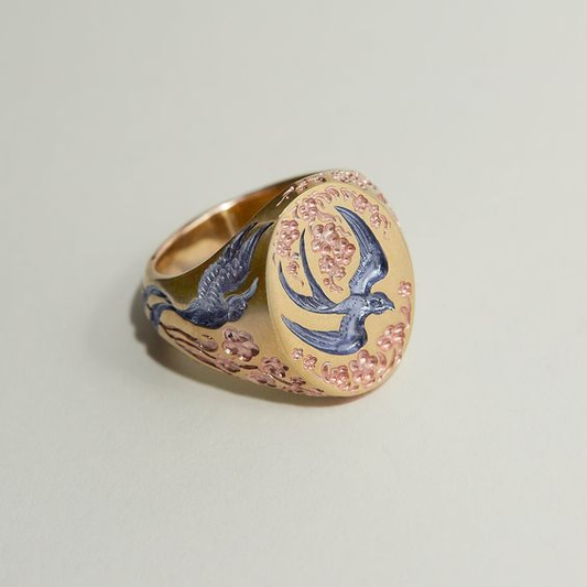 Wunderschöner Vintage Gold Kolibri Ring mit blauen Akzenten
